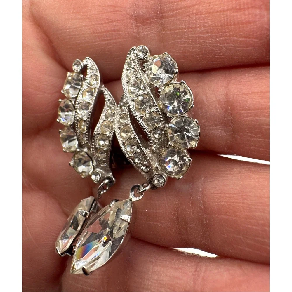 Eisenberg Ice Vintage Rhinestone Clip On Earrings Silver Tone Dangle 2